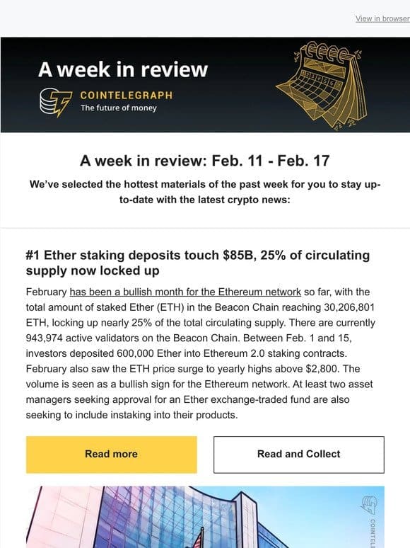 A Week in Review: Ether staking tops $85B， US banks fighting for BTC custody slice， & other news