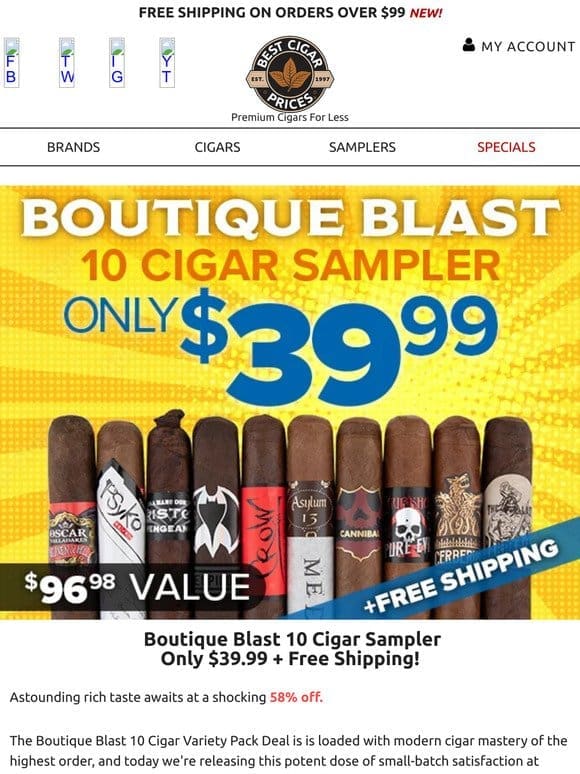 Boutique Blast 10 Cigar Sampler Only $39.99 + Free Shipping