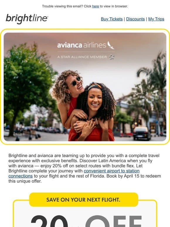 Brightline Partner Offers: 20% off avianca flights ✈️.