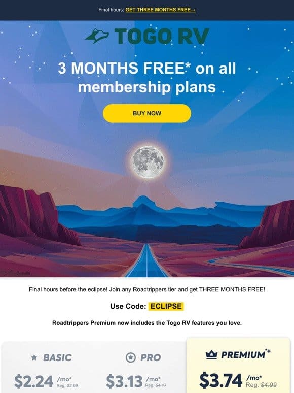 Don’t miss your chance to get 3 Months Free on ALL Roadtrippers plans before the Eclipse
