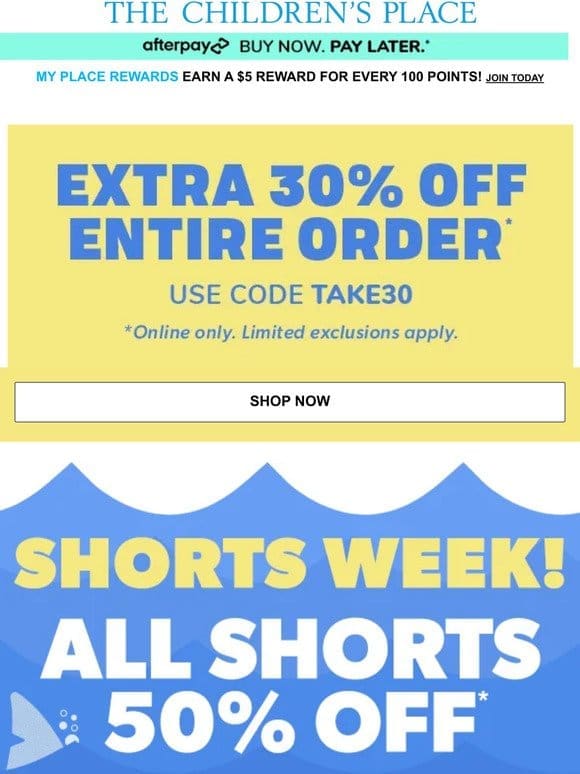EXTRA SAVINGS: 50% off ALL SHORTS! (Plus， EXTRA 30% off your order)
