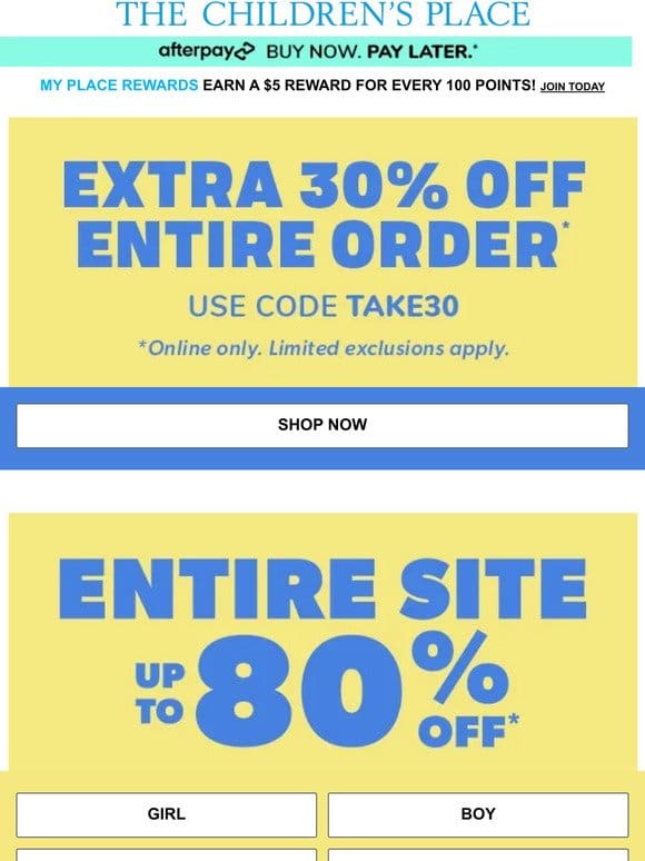 EXTRA SAVINGS: EXTRA 30% OFF EVERYTHING w/code TAKE30， up to 80% off SITEWIDE!