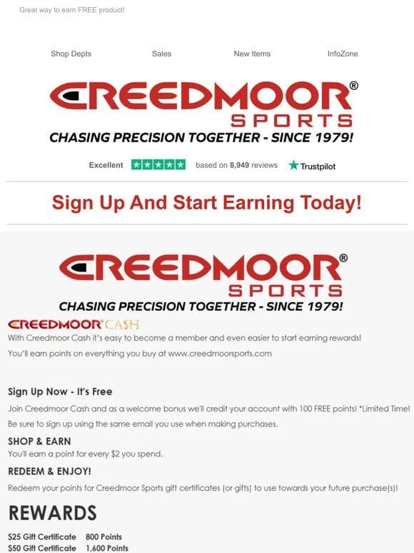 Earn 100 Creedmoor Cash Points By Signing Up Today!