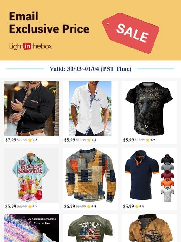 Email Exclusive-Get Men’s Button Up Shirts at USD $7.99