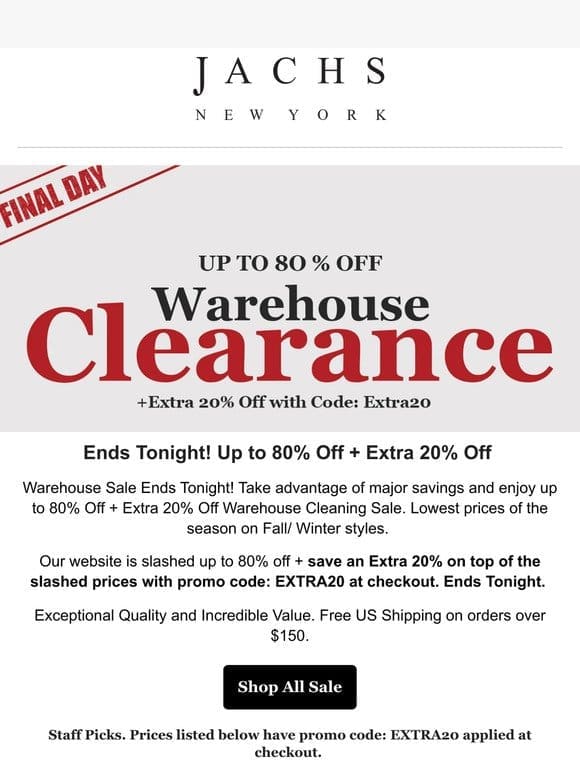 Ends Tonight! Up to 80% Off + Extra 20% Off