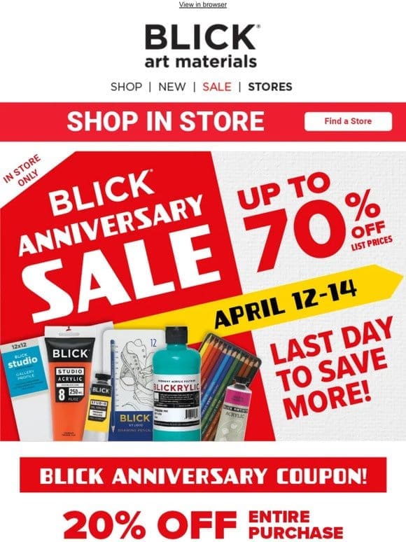 Ends soon! Blick Anniversary Sale + 20% Off Coupon