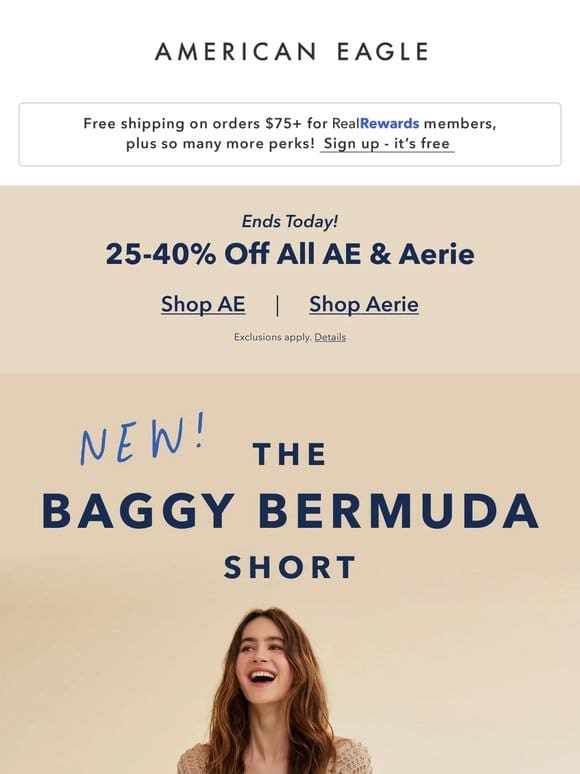 Ends today! 25-40% off all (yes， all) AE & Aerie