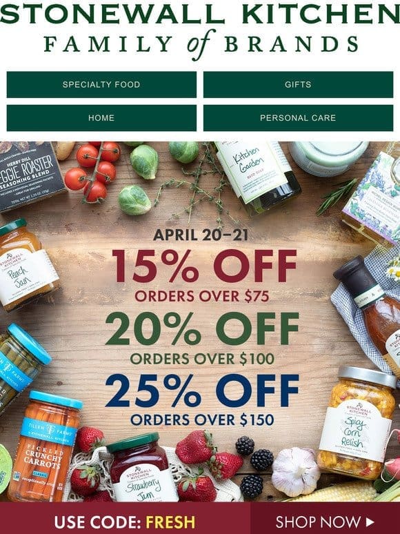 Enjoy 15% Off $75， 20% Off $100 & 25% Off $150 with Sensational Spring Savings!