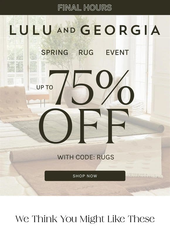 FINAL HOURS  UP TO 75% OFF RUGS ENDS TONIGHT