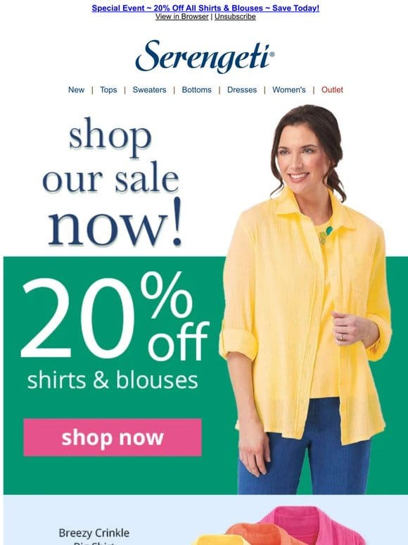 Final Day to Save 20% on ALL Shirts & Blouses ~ Shop Now!
