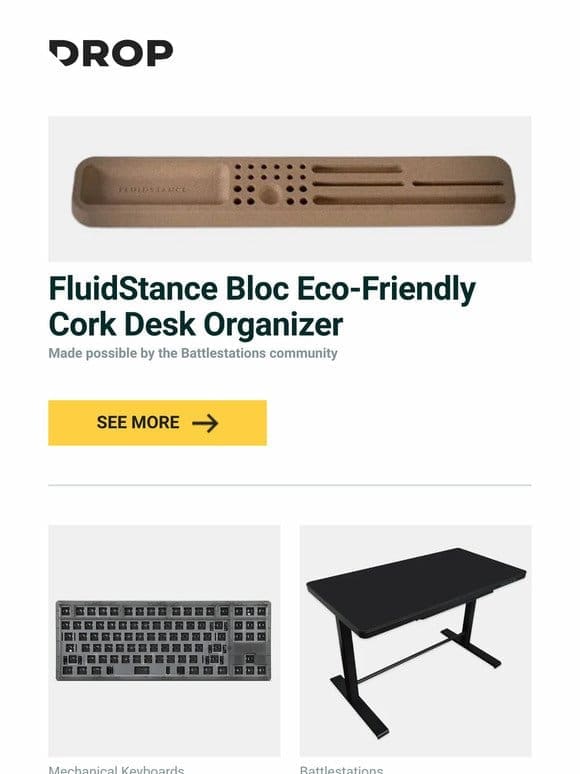 FluidStance Bloc Eco-Friendly Cork Desk Organizer， KBDfans Tiger Lite 80% Mechanical Keyboard Kit， Uncaged Ergonomics Rise Up Glass Standing Desk and more…