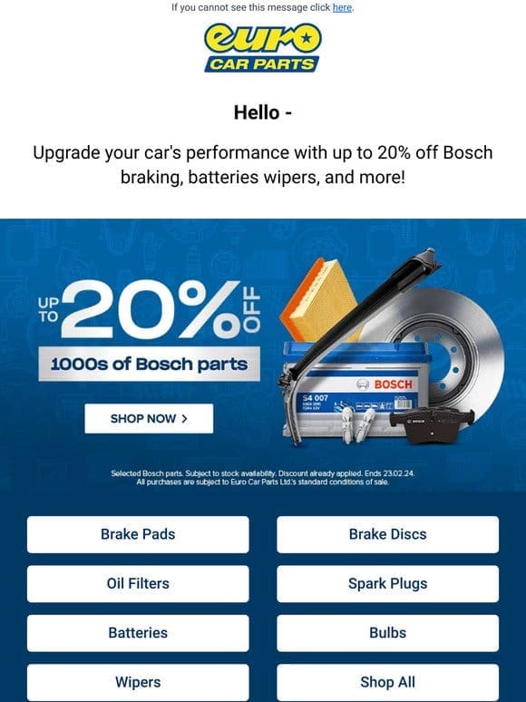 Get Up To 20% Off Bosch Brakes， Batteries， Wipers， & More!