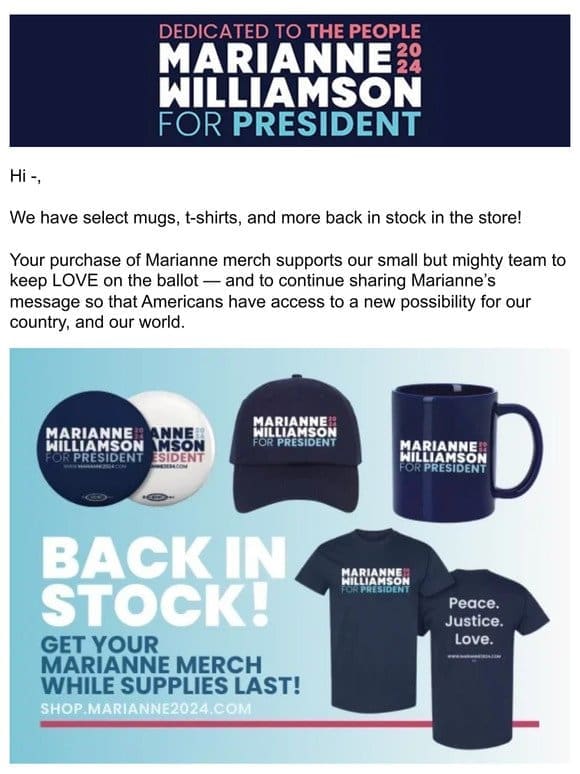 Get your Marianne merch while supplies last!