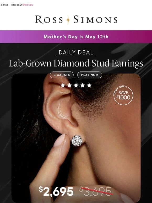 INCREDIBLE savings on our 3 carat lab-grown diamond studs in platinum
