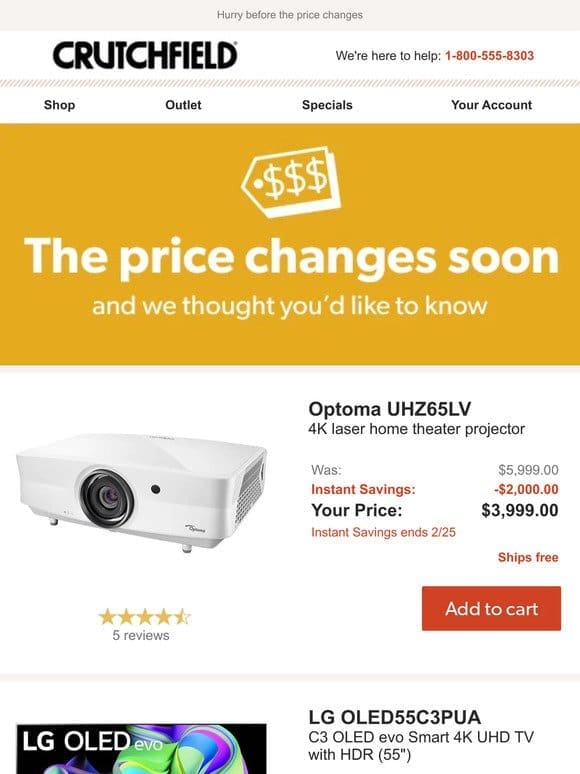 Instant Savings ends soon on the Optoma UHZ65LV， more