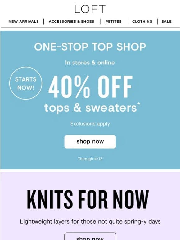 It’s ON: 40% off tops & sweaters