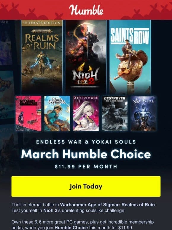 Join Humble Choice & own Warhammer Age of Sigmar: Realms of Ruin， Nioh 2 & more!