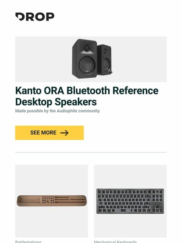 Kanto ORA Bluetooth Reference Desktop Speakers， FluidStance Bloc Eco-Friendly Cork Desk Organizer， KBDfans Tiger Lite 80% Mechanical Keyboard Kit and more…