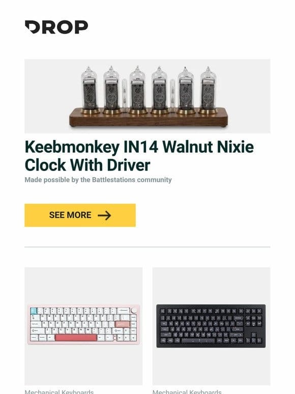 Keebmonkey IN14 Walnut Nixie Clock With Driver， YUNZII AL66 Knob CNC Aluminum Wireless Mechanical Keyboard， Drop DCD Space Whale TKL Keycap Set and more…