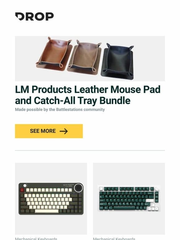 LM Products Leather Mouse Pad and Catch-All Tray Bundle， Azio FOQO Pro Wireless Hot-Swappable Mechanical Keyboard， Drop DCX Emerald Keycap Set and more…