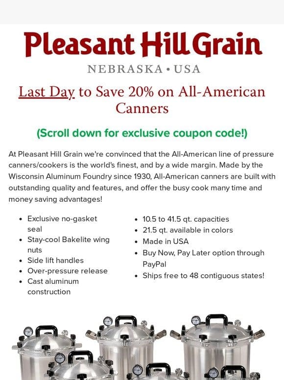 Last Day to Save on All-American Pressure Canners! — PHG Newsletter