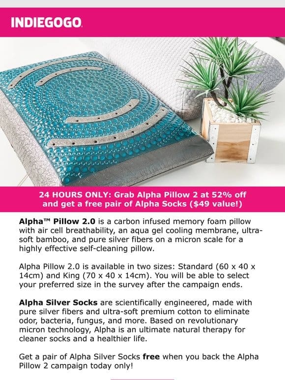 Live NOW on Indiegogo: Flash deal on Alpha Pillow 2， the self-cleaning pillow with silver tech