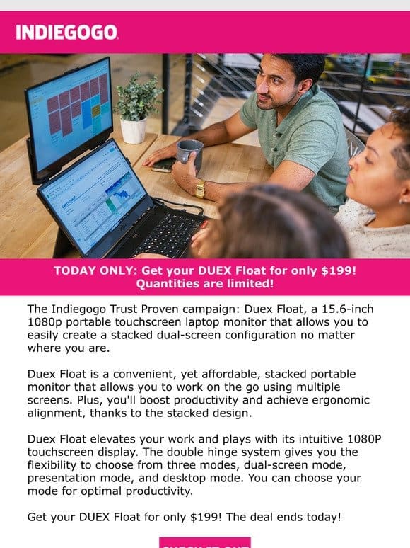 Live NOW on Indiegogo: Flash deal on DUEX Float: Unleash portable stacked screen power