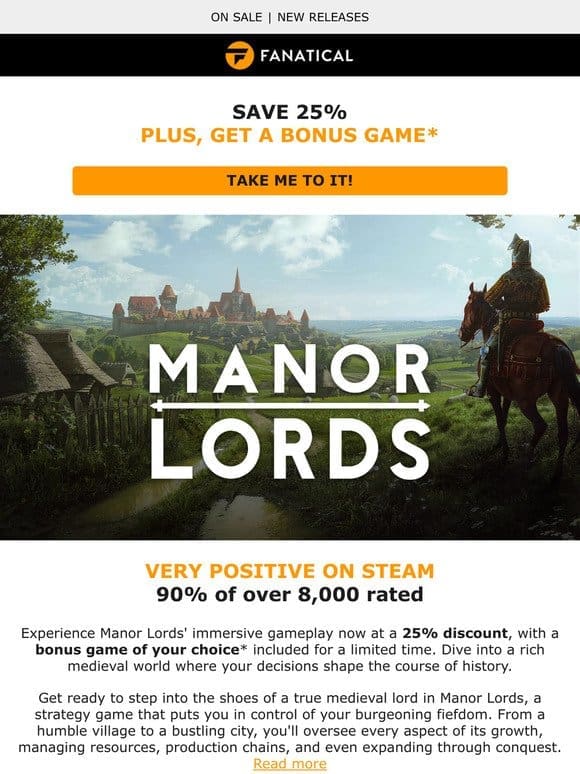Manor Lords this weekend? Bonus Game， 25% off， Very Positive on Steam!