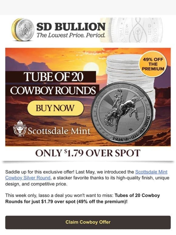 Massive Scottsdale Mint Cowboy Silver Round Sale