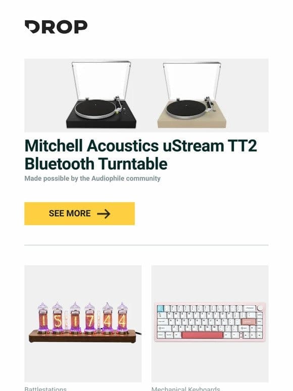 Mitchell Acoustics uStream TT2 Bluetooth Turntable， Keebmonkey IN14 Walnut Nixie Clock With Driver， YUNZII AL66 Knob CNC Aluminum Wireless Mechanical Keyboard and more…
