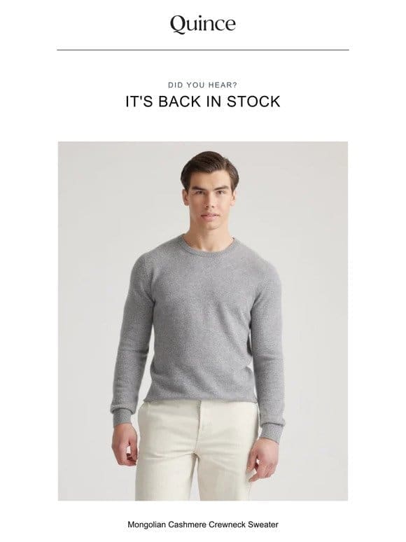 Mongolian Cashmere Crewneck Sweater is back in stock