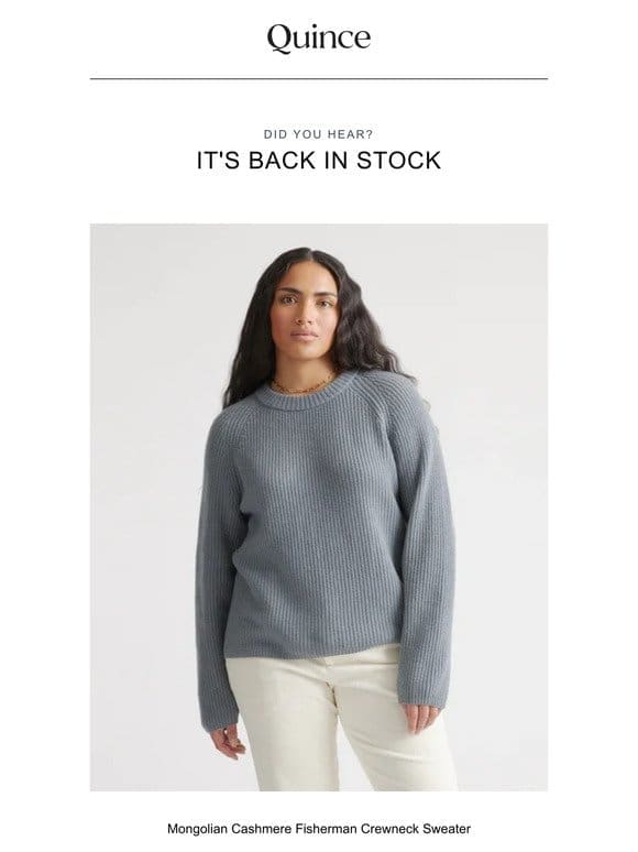 Mongolian Cashmere Fisherman Crewneck Sweater is back in stock