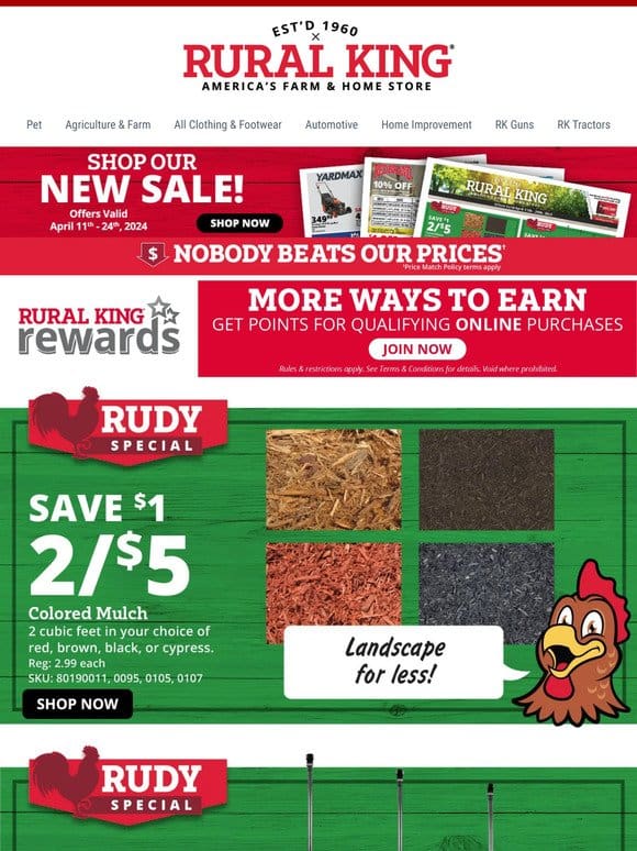 NEW Deals are Here! Landscape for Less w/Our Rudy Special Colored Mulch， 2 Cubic Feet 2/$5!