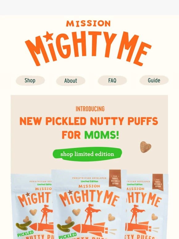 NEW!   MightyMe Pickled Nutty Puffs for Moms!
