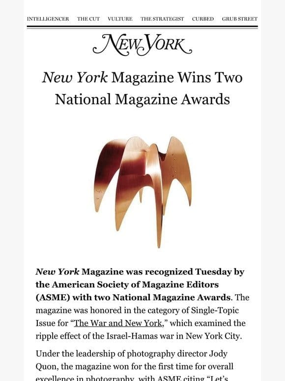 New York Wins Two National Magazine Awards