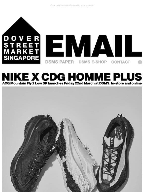 Nike x CDG Homme Plus ACG Mountain Fly 2 Low SP launches Friday 22nd March at Dover Street Market Singapore