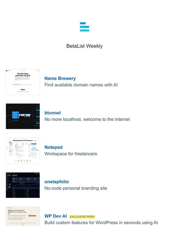 Notepad， Name Brewery， btunnel， Callbee AI， onetapfolio， and more