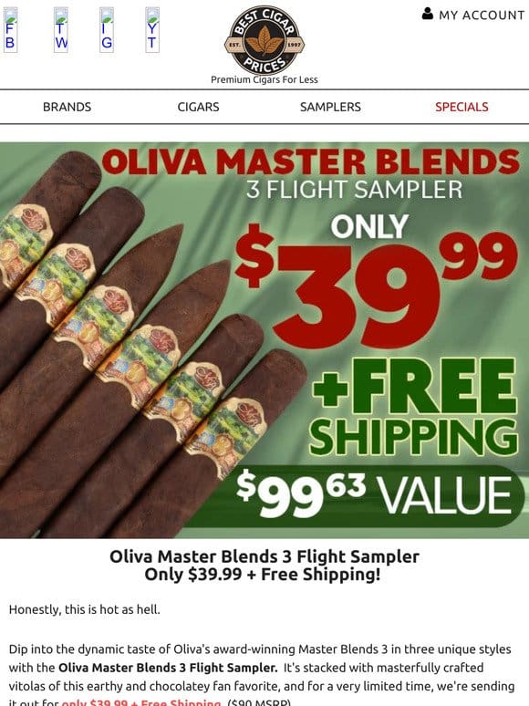 Oliva Master Blends 3 Flight Sampler only $39.99 + Free Shipping