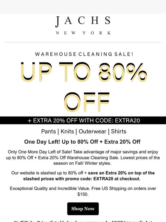 One Day Left! Up to 80% Off + Extra 20% Off