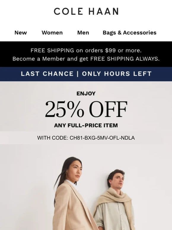 Only hours left: 25% off any full-price item