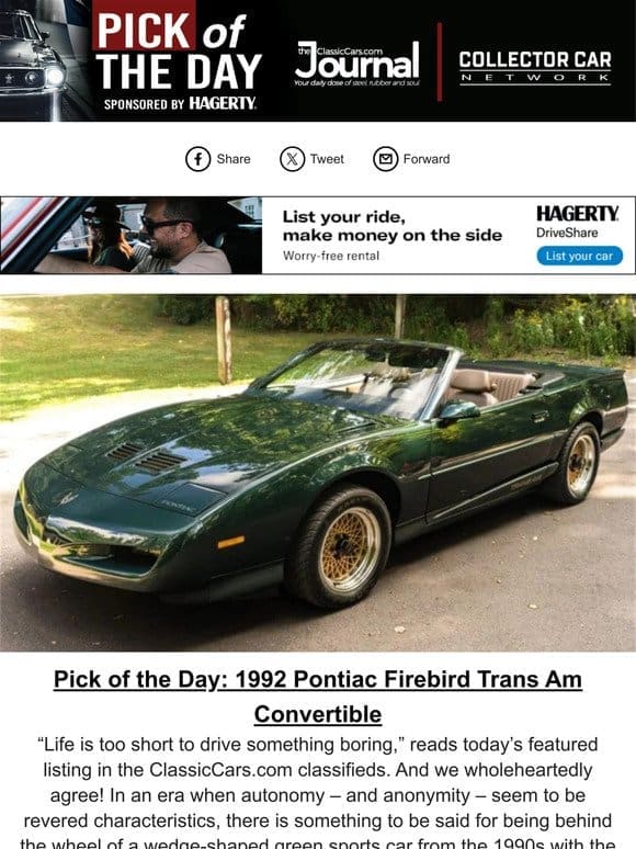 Pick of the Day: 1992 Pontiac Firebird Trans Am Convertible