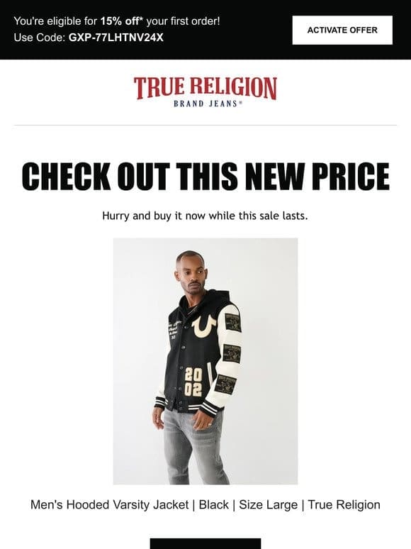 Price drop! The Men’s Hooded Varsity Jacket | Black | Size Large | True Religion is now on sale…