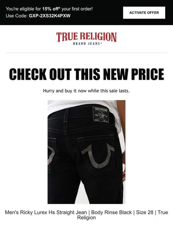 Price drop! The Men’s Ricky Lurex Hs Straight Jean | Body Rinse Black | Size 28 | True Religion is now on sale…