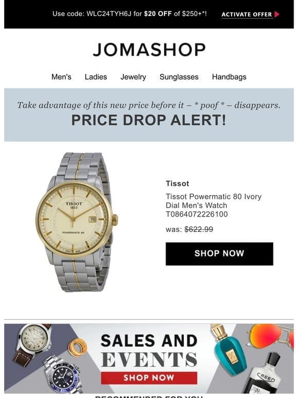 Price drop! The Tissot Powermatic 80 Ivory Dial Men’s Watch T0864072226100 is now on sale��