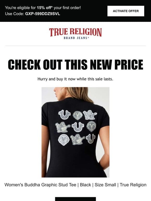Price drop! The Women’s Buddha Graphic Stud Tee | Black | Size Small | True Religion is now on sale…