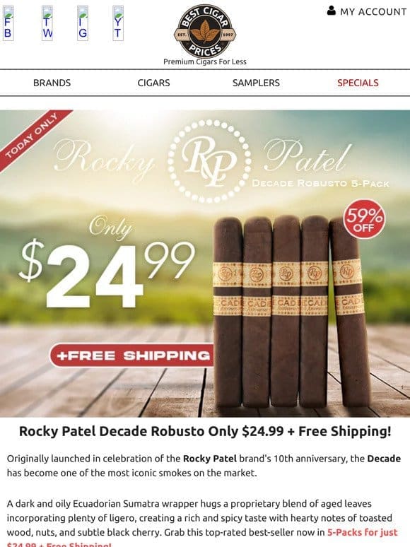 Rocky Patel Decade Robusto Only $24.99 + Free Shipping
