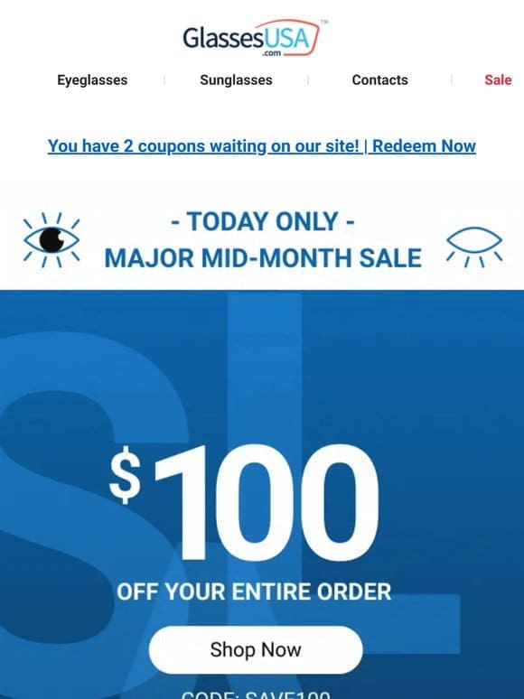 STARTS NOW   Mid-month sale on contacts & glasses!