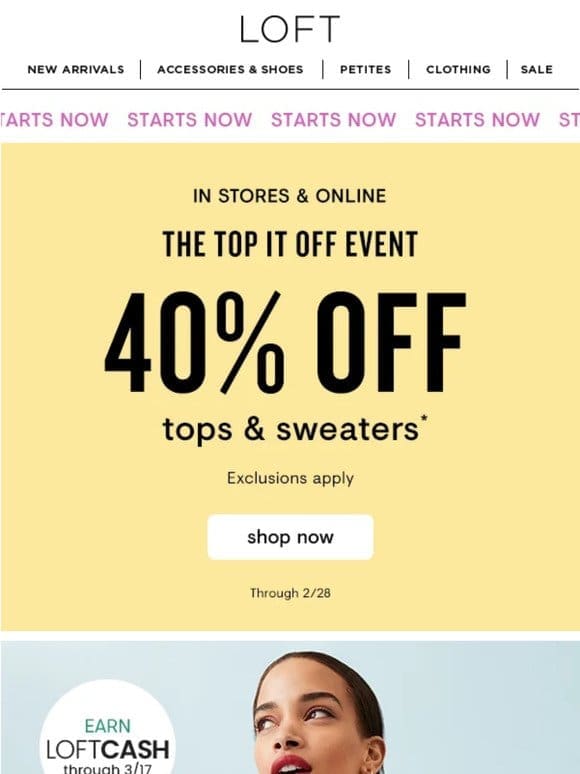 STARTS TODAY: 40% off NEW spring tops & sweaters!