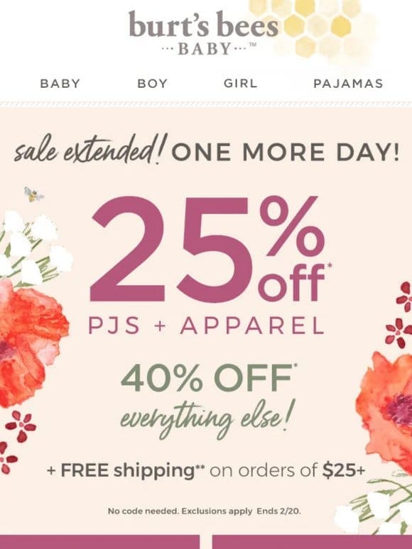Sale extended! Last day – 25% off pjs + apparel