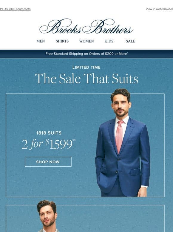 Sale that suits! Shirts 4 for $249， 1818 suits 2 for $1599
